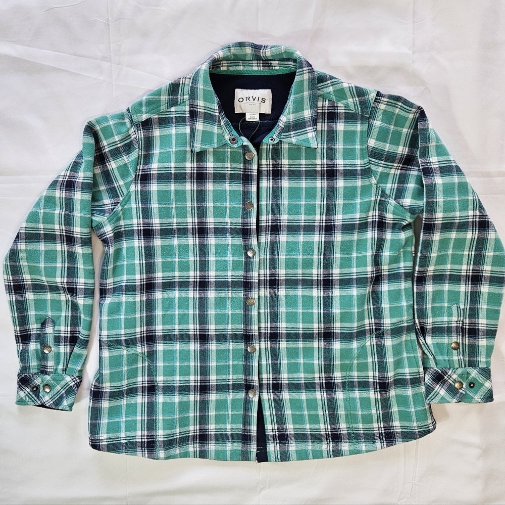 Orvis Womens XL Green Blue Plaid Fleece Lined Shirt Jacket Snap Button Up